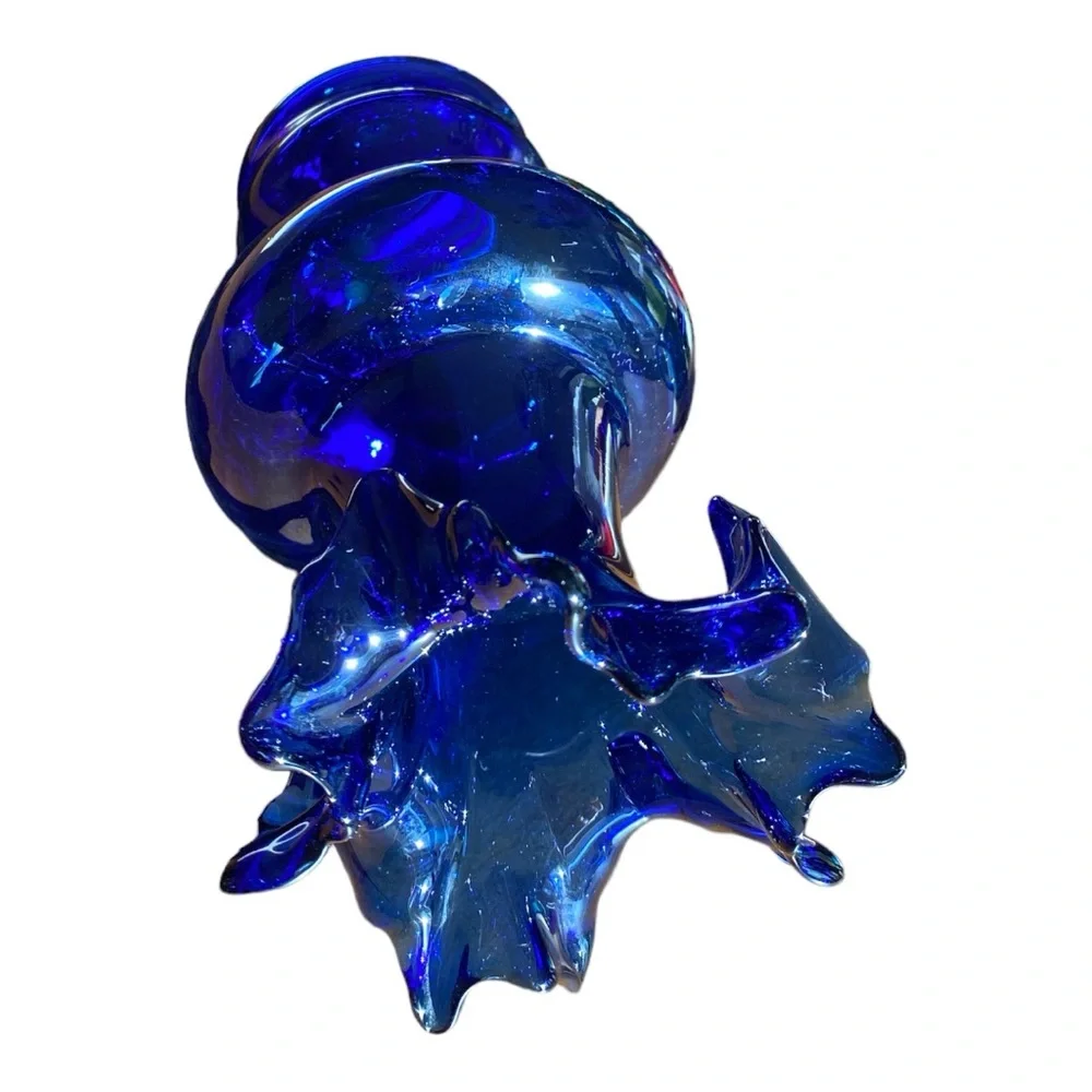 Vintage Mid Century Cobalt Blue Ruffled Glass Vase